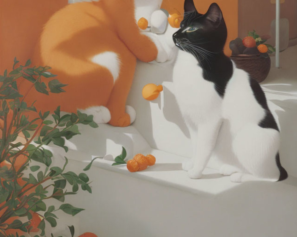 Two Cats Sitting on Sunlit Ledge with Mandarins and Potted Plant