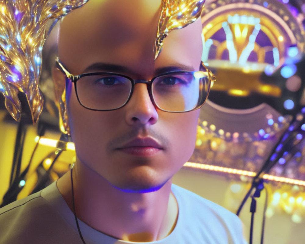 Digital portrait of a man with glasses and gold antlers against vibrant lights