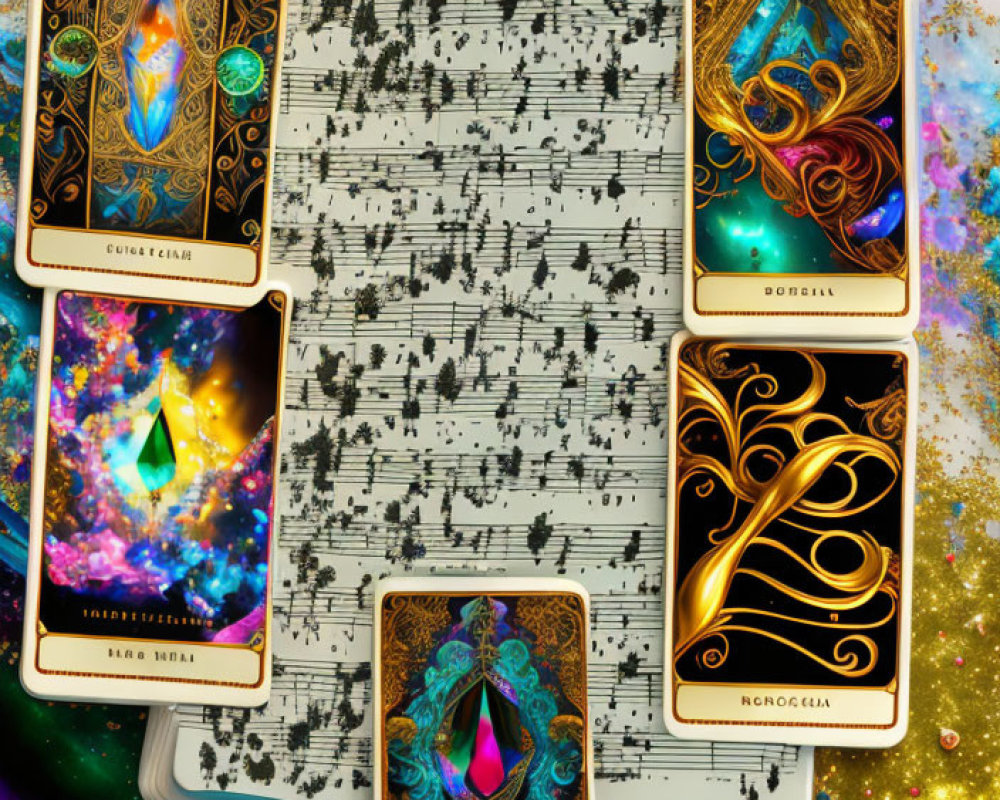 Ornate tarot cards on musical score with cosmic background