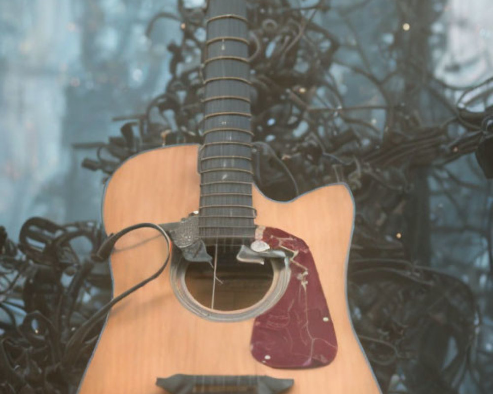 Acoustic Guitar Suspended in Front of Tangled Black Wires