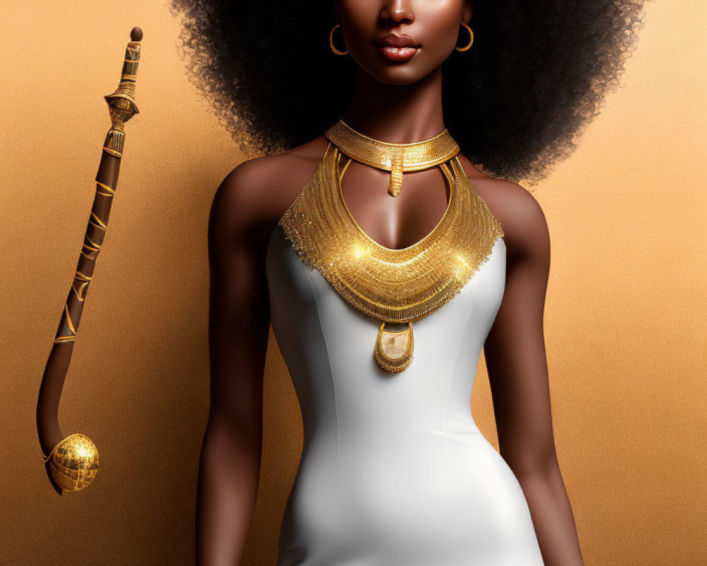 Voluminous Afro Woman in White Dress with Gold Accessories and Scepter