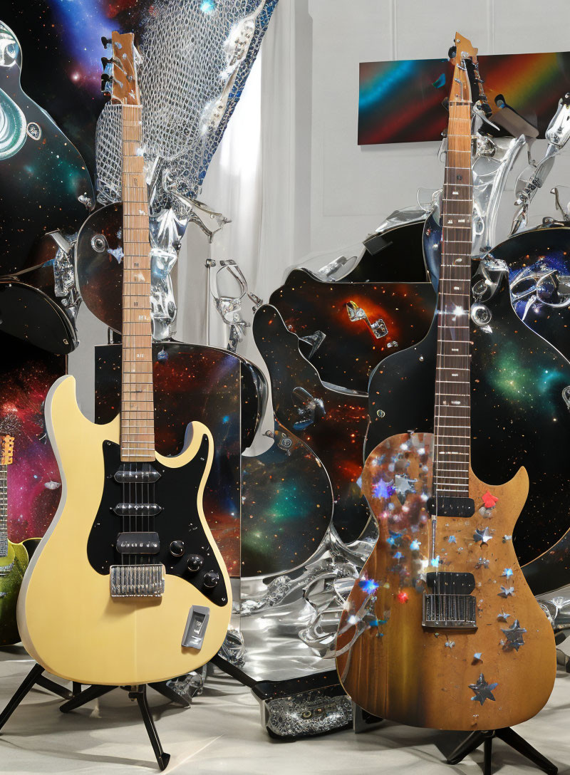 Two Electric Guitars with Cosmic Starry Designs on Celestial Backdrop