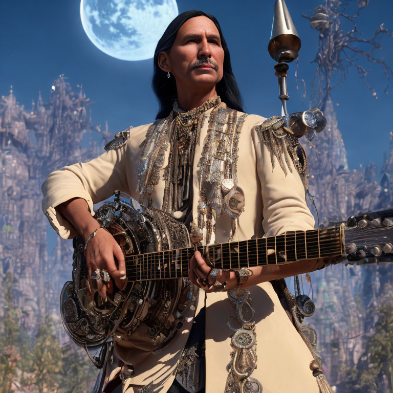 Man with long black hair playing ornate guitar in front of gothic castle under moon