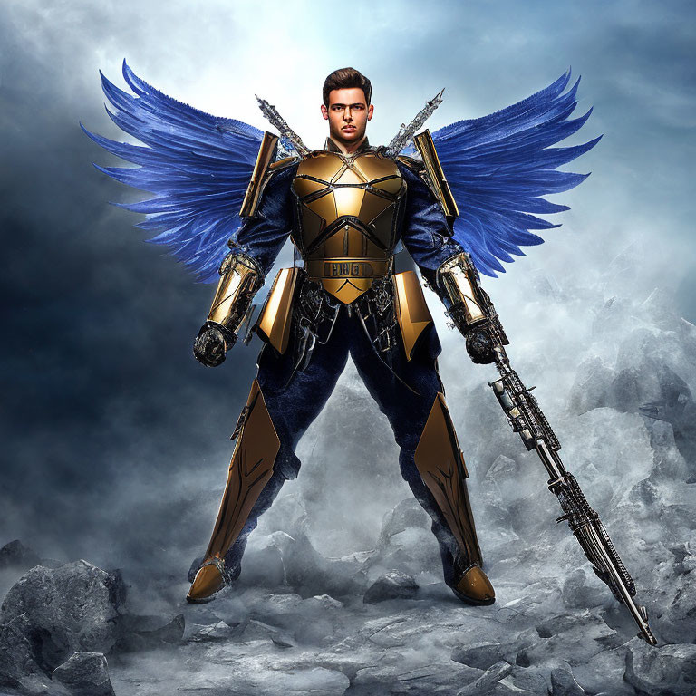 Fantasy warrior in blue winged costume with spear in misty rocky setting