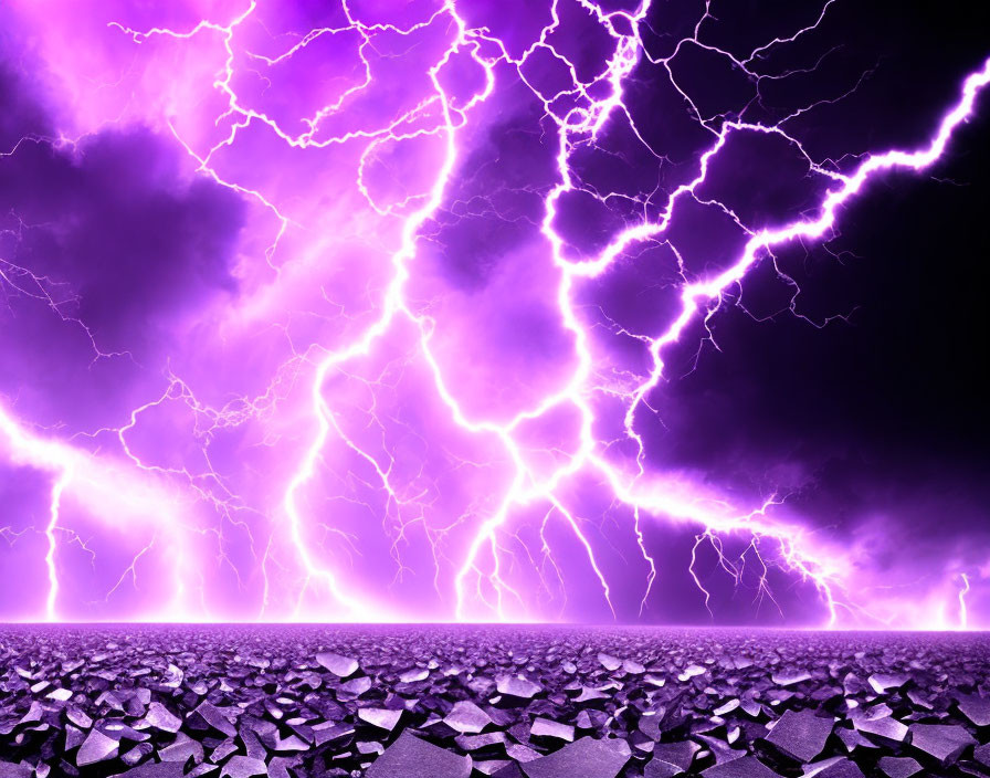 Intense Purple Sky with Lightning Bolts Striking Shattered Ground