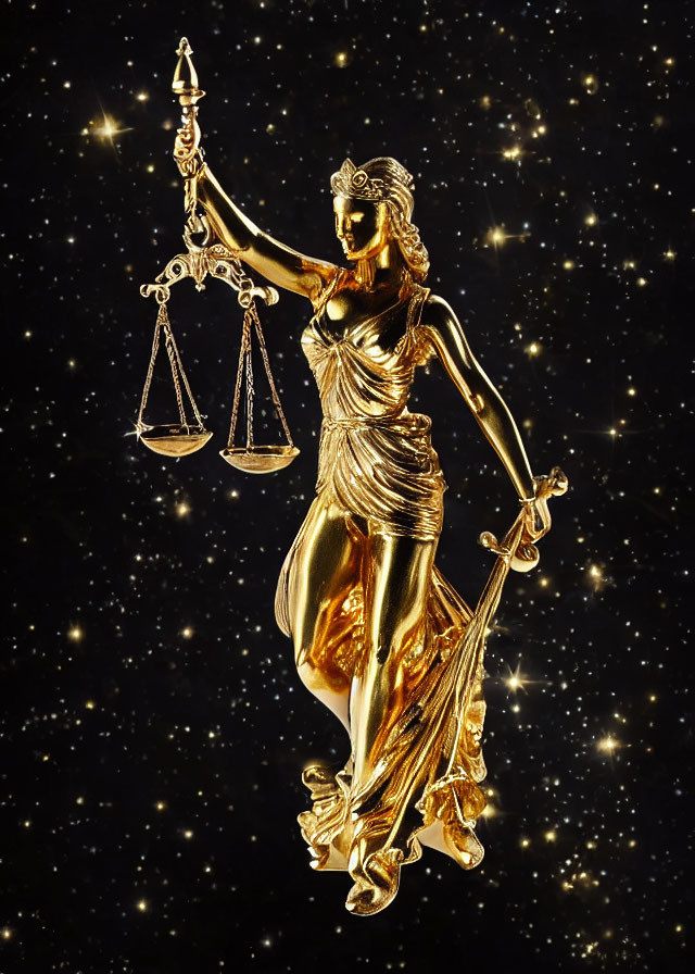 Lady Justice Golden Statue with Scales and Sword on Black Starry Background