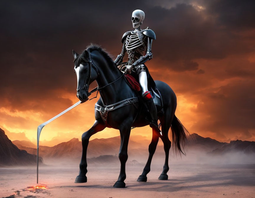 Skeleton in Red Cloak Riding Black Horse in Dramatic Landscape