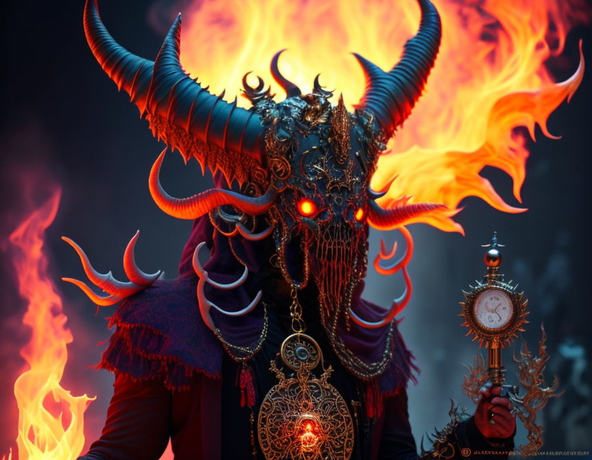 Detailed horned mask with red eyes holding a pocket watch in front of orange flames