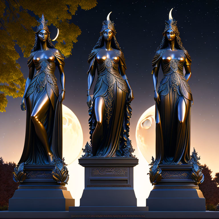 Majestic female figure statues with crescent moon crown under night sky