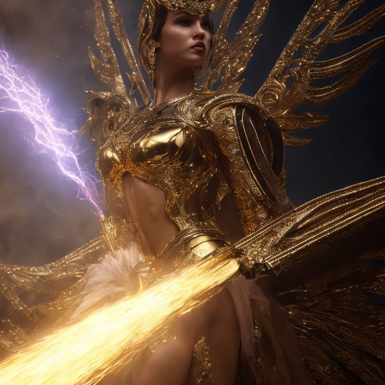 Golden armored figure with wings wields glowing sword under dramatic lightning