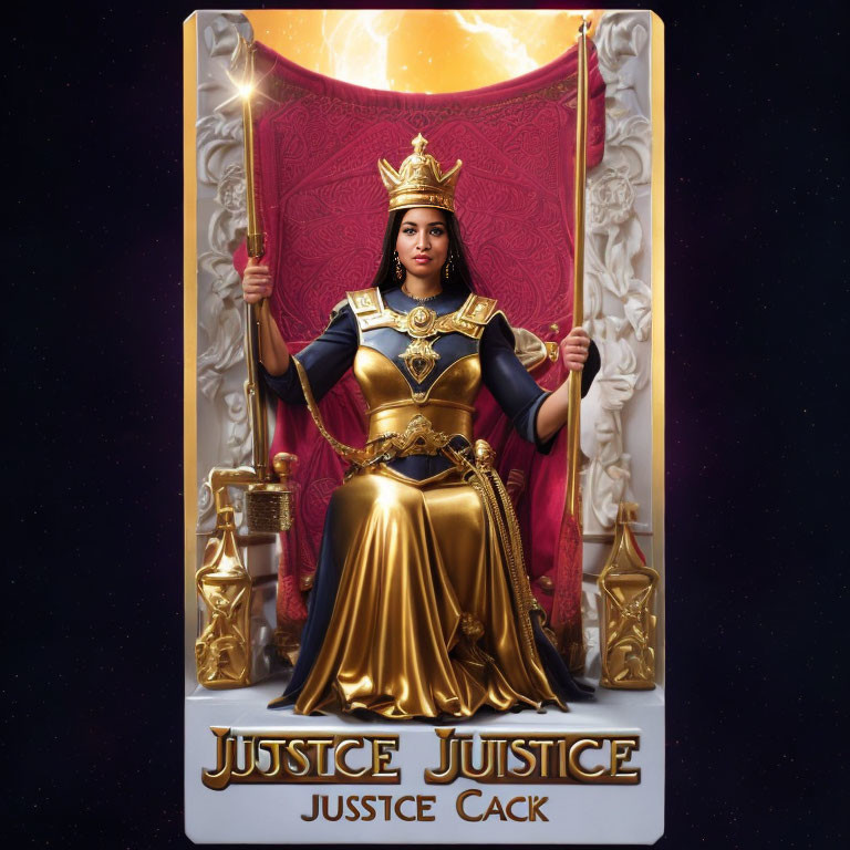 Regal figure on throne with crown and scepter in front of purple curtain with "JUSTICE