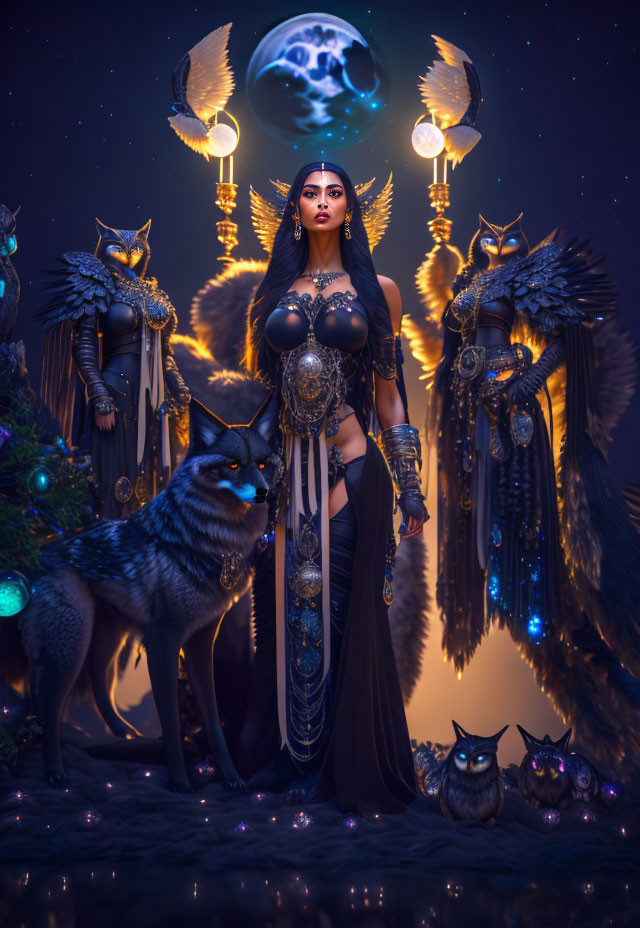 Dark angel woman with wolves under moonlit sky and lanterns