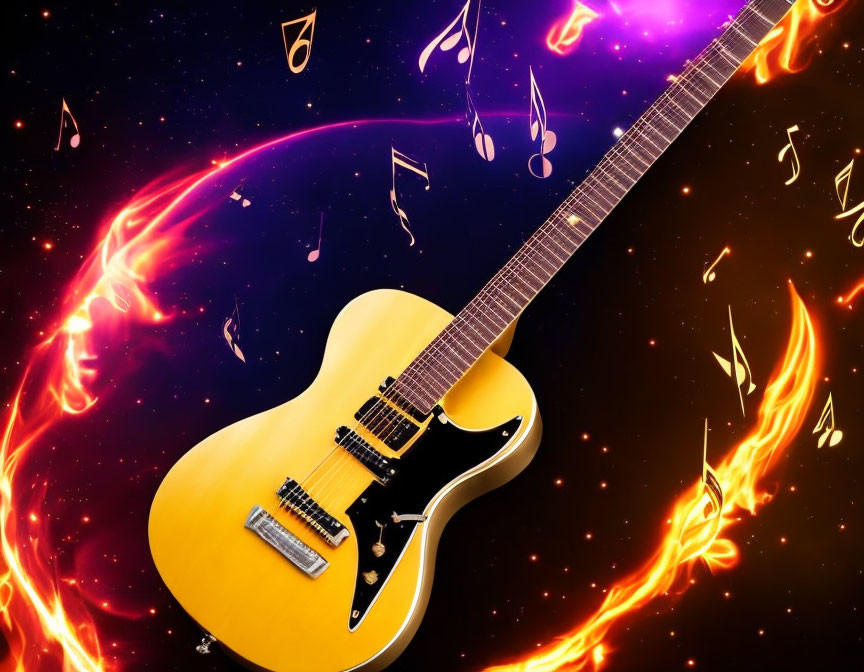 Yellow electric guitar in flames on cosmic purple backdrop