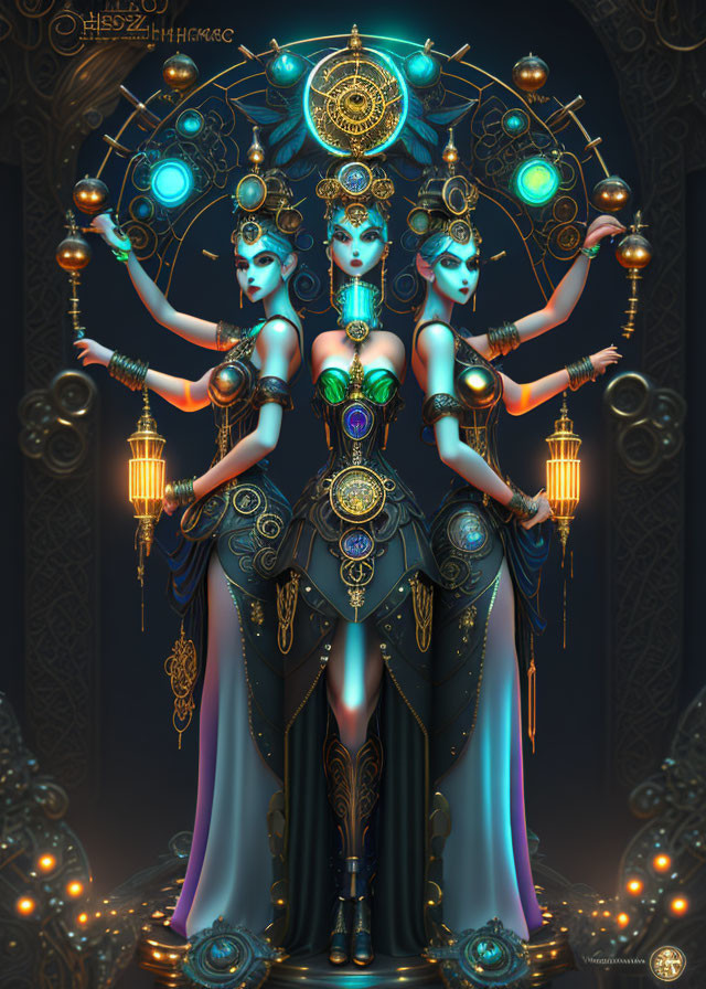 Three Blue-Skinned Mystical Beings in Opulent Attire Against Cosmic Background