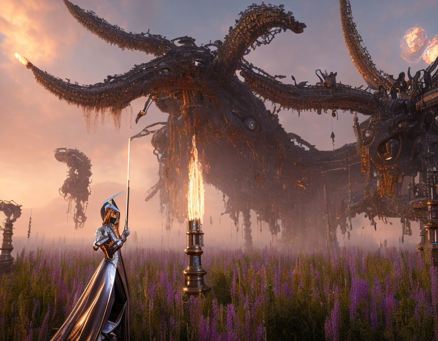 Knight with sword in front of colossal ornate structure in mystical field at sunset