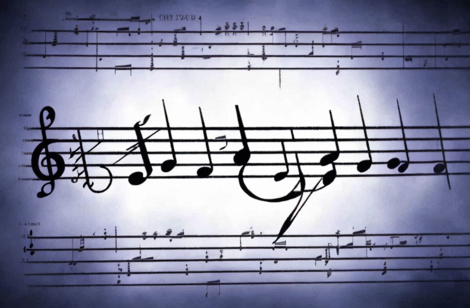 Sheet music with musical notes and treble clef under blue gradient light