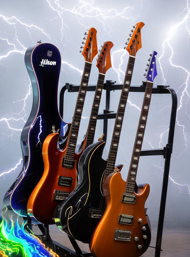 Three Electric Guitars on Stand with Blue-to-Orange Gradient and Simulated Lightning Background