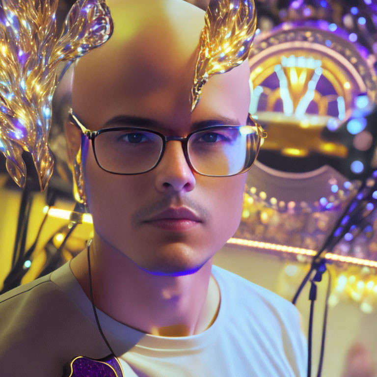 Digital portrait of a man with glasses and gold antlers against vibrant lights