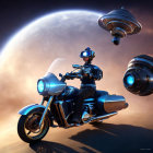 Astronaut on futuristic space motorcycle near giant planet with spherical drone under warm nebula sky