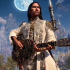 Man with long black hair playing ornate guitar in front of gothic castle under moon