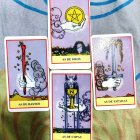 Fantasy-themed tarot cards: Golden ring, portal gazer, lightning sword