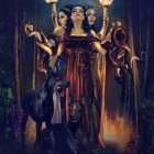 Fantasy art: Woman in armor with staff, surrounded by huskies and torches under moon