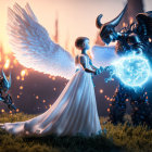 White-winged angel confronts blue-orb warrior in dramatic scene with horned creature.