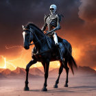 Skeleton in Red Cloak Riding Black Horse in Dramatic Landscape