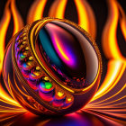 Colorful digital art: glossy orb with rainbow swirls on fiery background