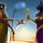 Egyptian Deities with Animal Heads in Traditional Attire Under Sun and Moon