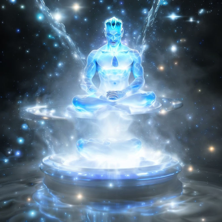 Blue figure meditating with energy streams in starry space