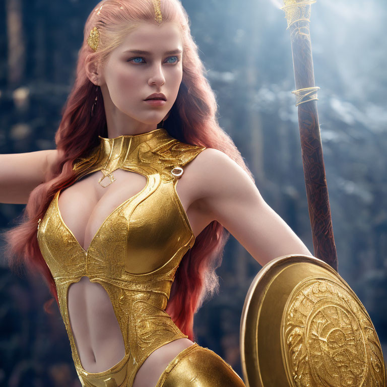 Digital artwork of fierce female warrior in golden armor with red hair, holding spear and shield in mystical scene