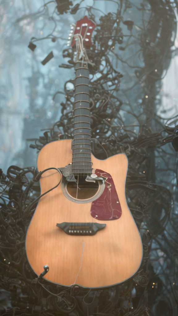 Acoustic Guitar Suspended in Front of Tangled Black Wires