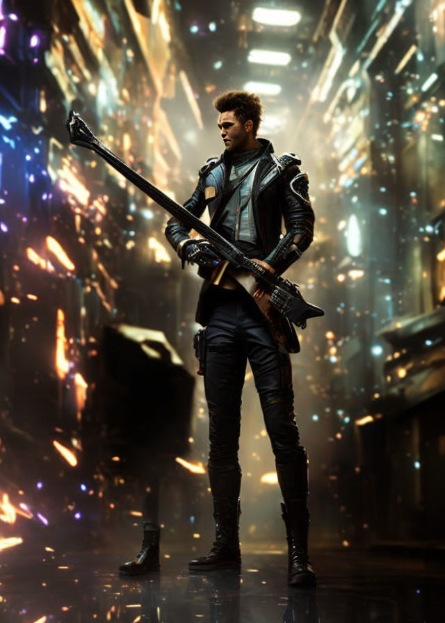 Futuristic scene with person holding large gun in neon-lit setting