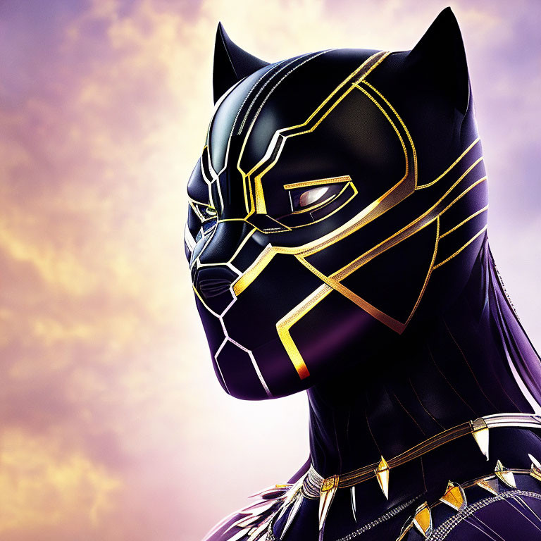 Black Panther superhero costume side profile against purple sky