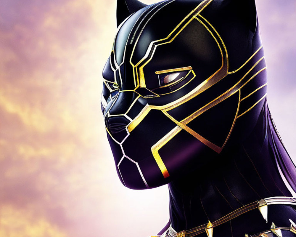 Black Panther superhero costume side profile against purple sky