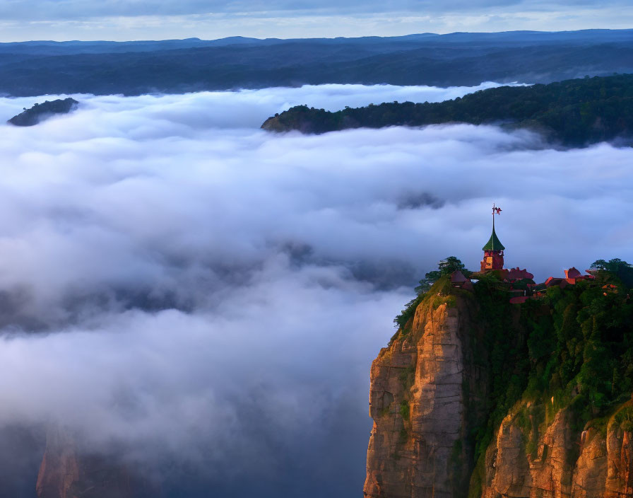 Castle-like Building on Cliff with Green Spire Overlooking Cloud-Covered Forestscape