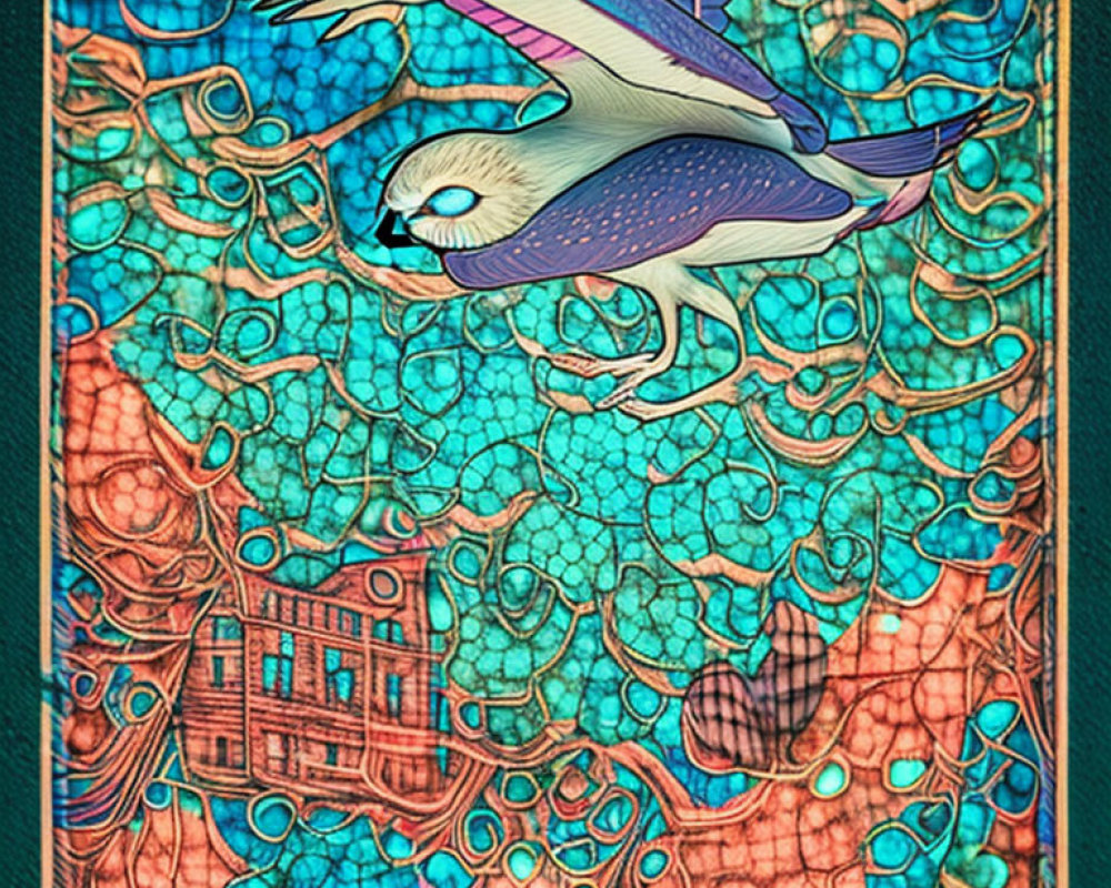 Stylized bird flying over blue and red mosaic with buildings and abstract shapes