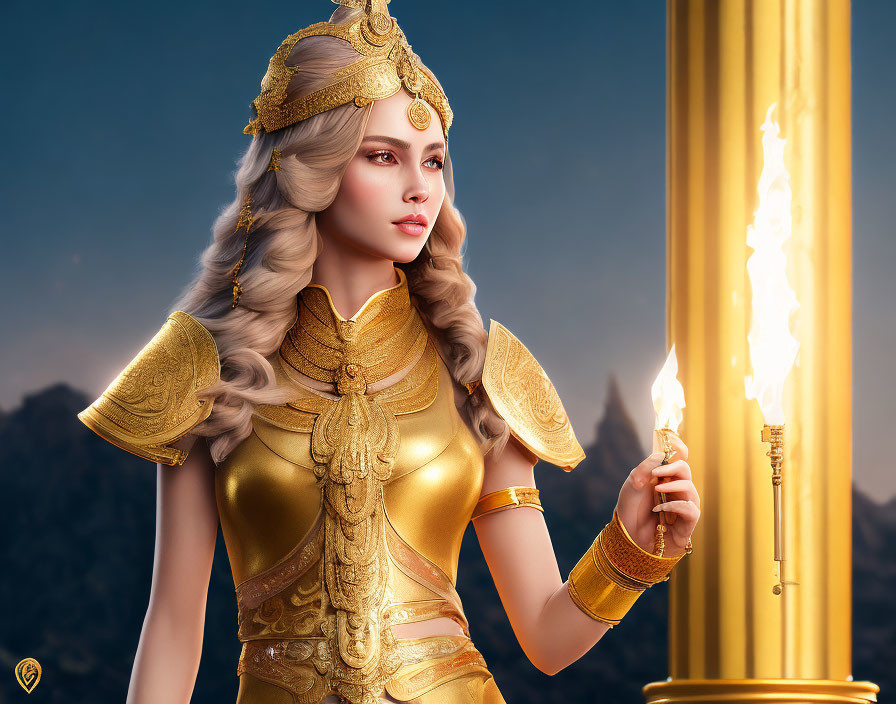 Fantasy digital artwork of woman in gold armor with crown and torch