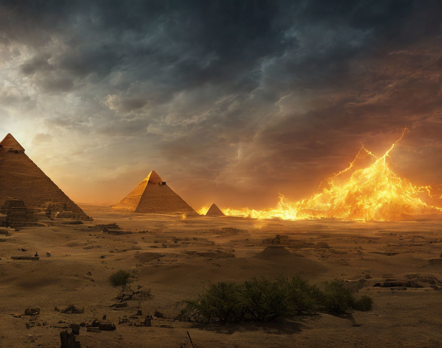 Dramatic Egyptian Pyramids in Desert Lightning Storm