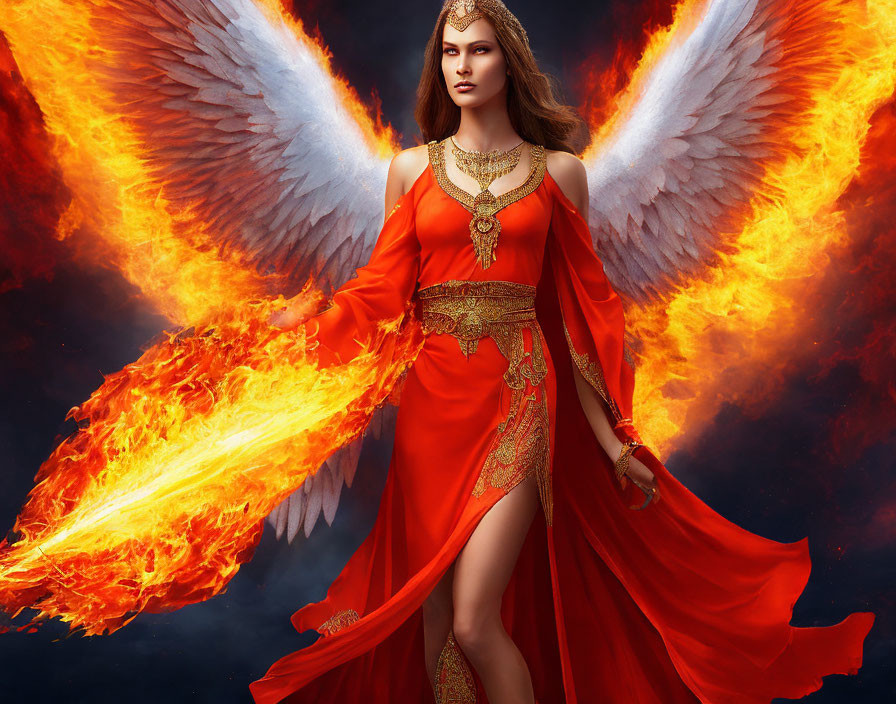 Woman in Red Flowing Dress with Phoenix Wings on Dark Background