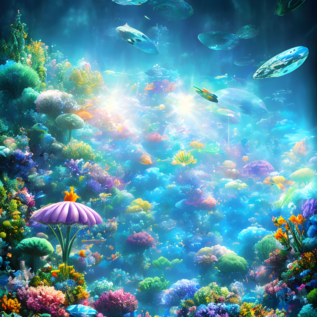 Colorful Underwater Scene with Corals, Fishes, and Sunlight Rays