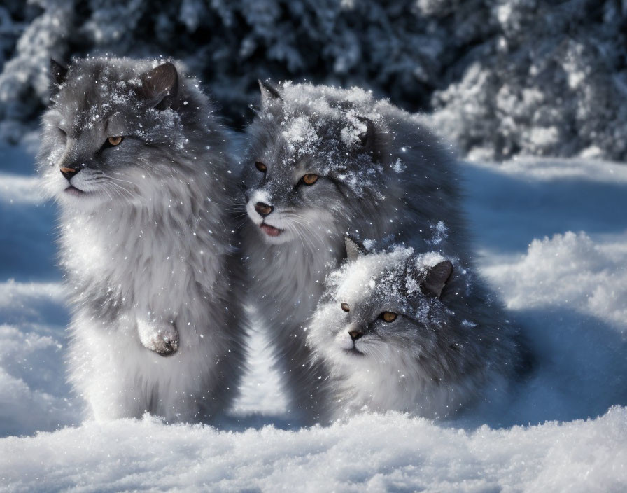 Three Fluffy Cats Covered in Snowflakes Stand in Snowy Landscape
