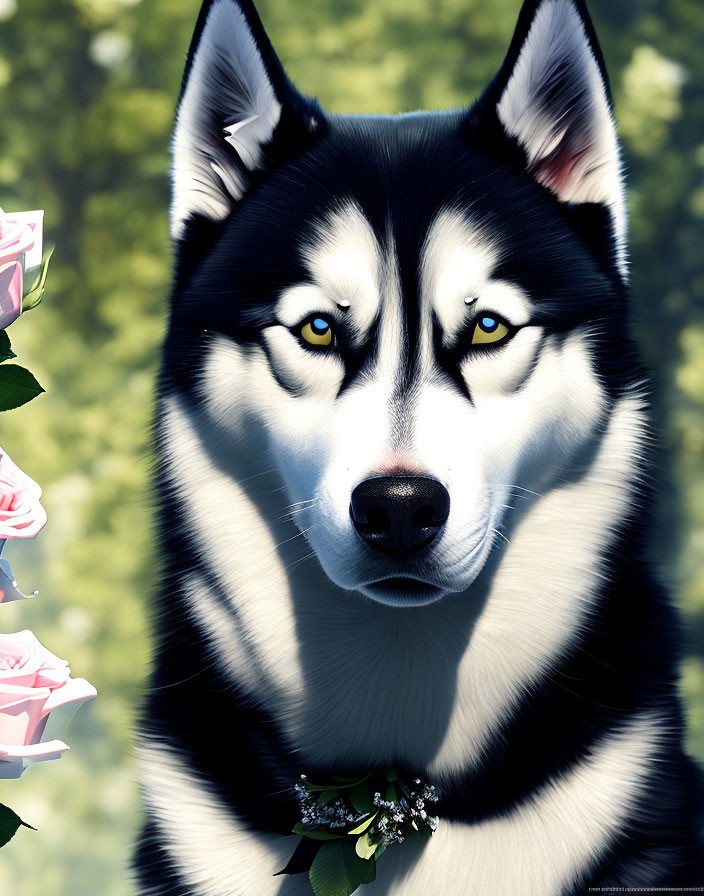 Husky with Blue Eyes Surrounded by Pink Roses and Flower Collar