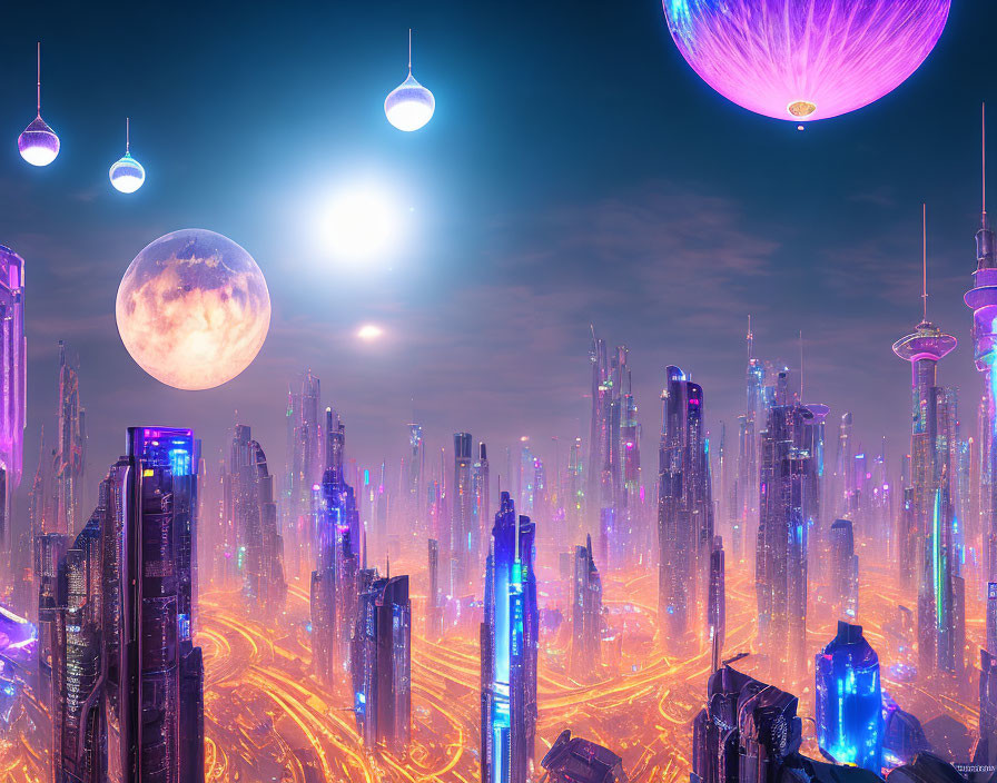 Neon-lit futuristic cityscape with glowing skyscrapers at night