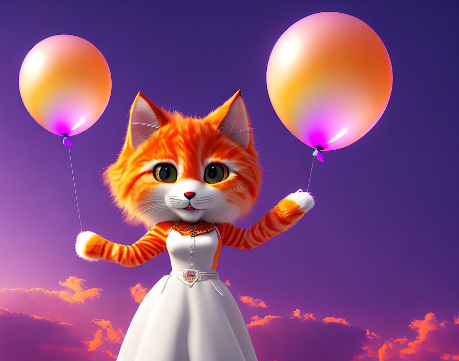 Orange Cat in White Dress with Balloons in Purple Sky