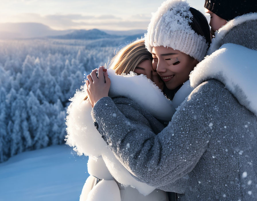 Friends Embracing in Snowy Landscape with Snow-Covered Trees