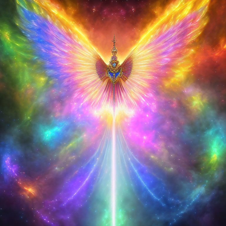 Colorful Mythical Creature with Outstretched Wings in Cosmic Setting