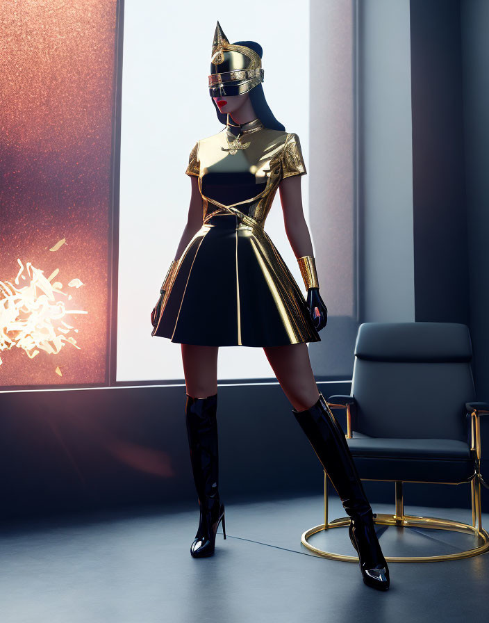 Stylized costume with golden top and futuristic helmet by window