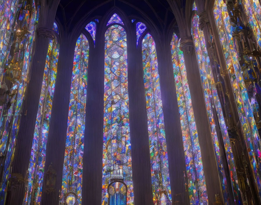 Intricate Purple-Hued Stained-Glass Windows in Gothic Cathedral